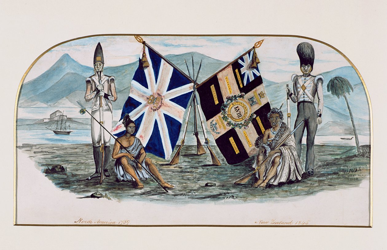 Rutlandshire Regiment, Nord-Amerika 1759, New Zealand 1845, ca. 1850 (wc på papir) av English School