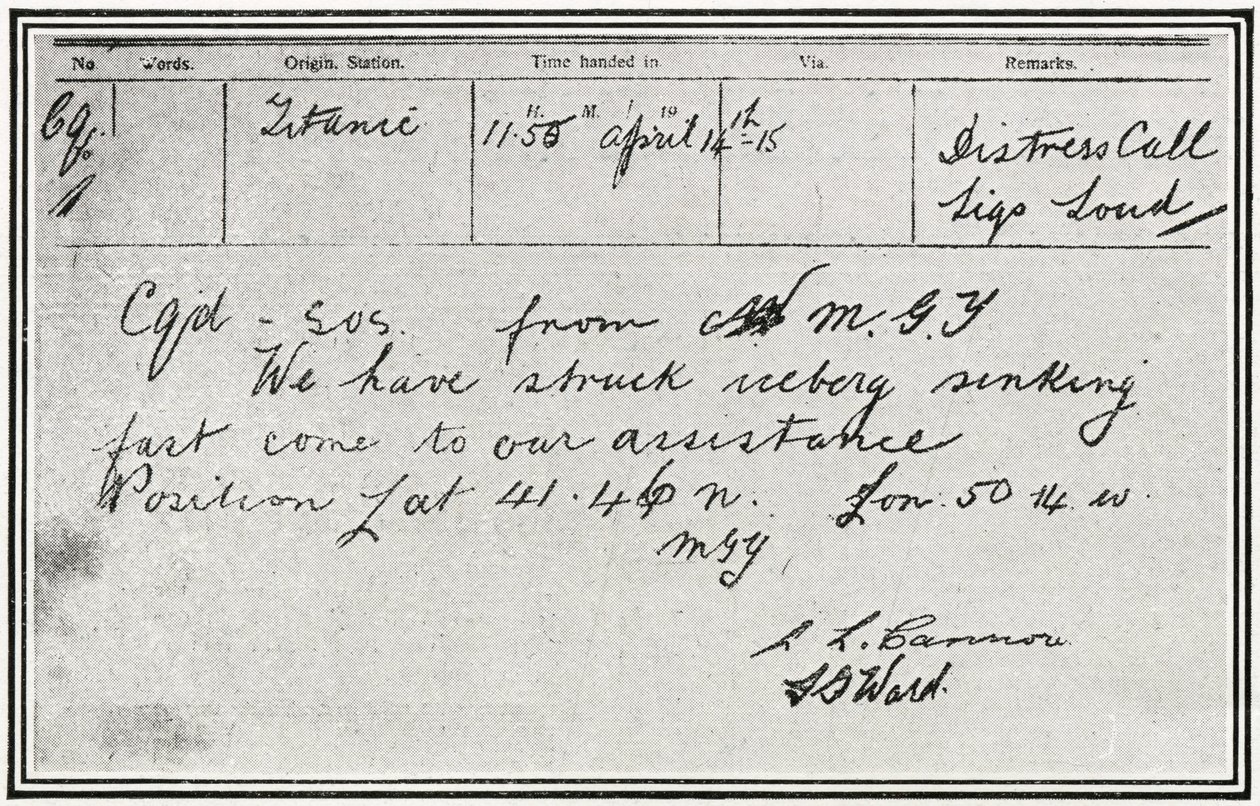 SOS-melding mottatt av den russiske damperen Birma omtrent fem minutter etter at Titanic traff et isfjell 15. april 1912, fra "The Sphere", 4. mai 1912 av English School