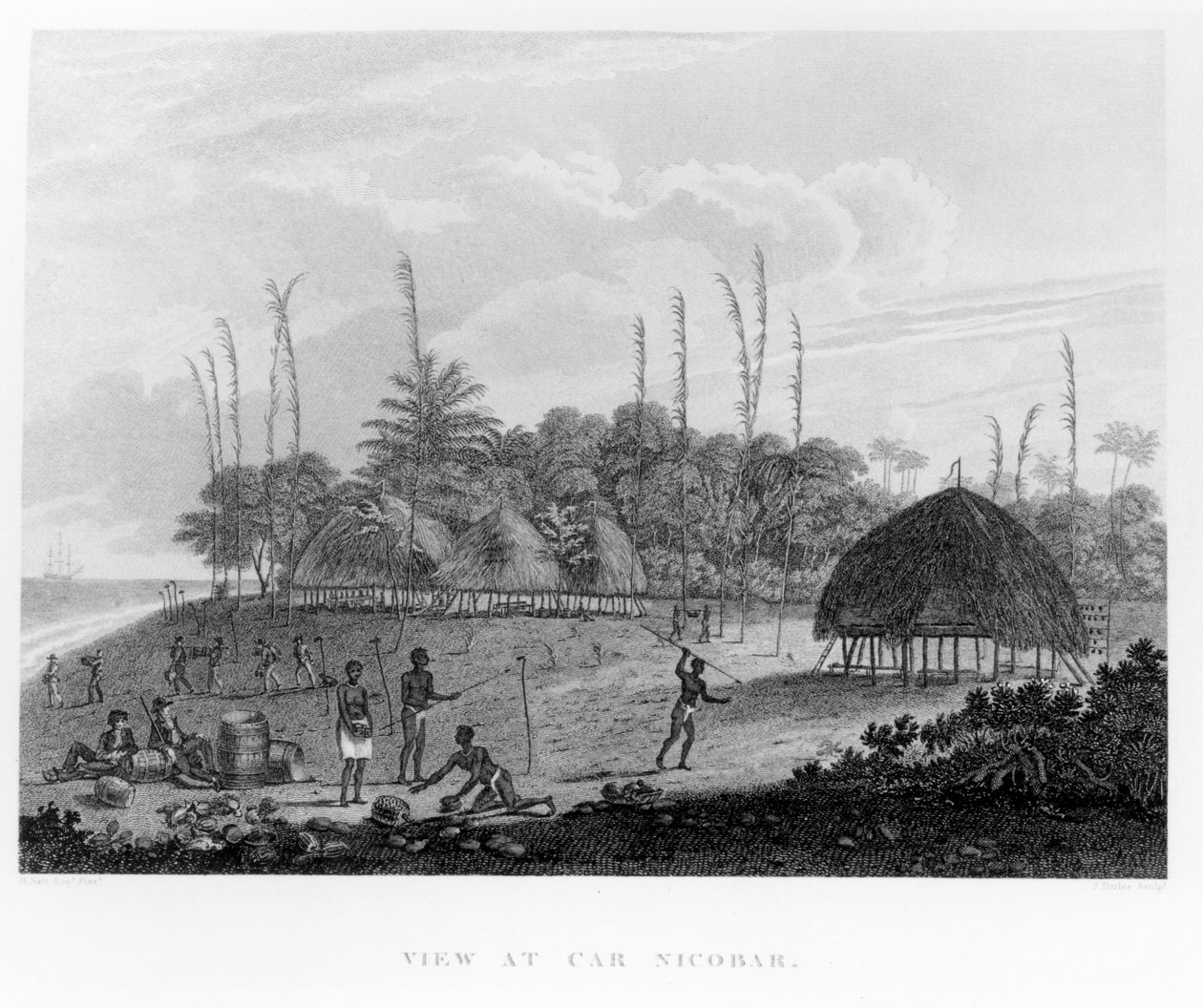 Sjømenn som samler proviant på Car Nicobar, fra reiser og reiser til India, Ceylon, Rødehavet... av George, Viscount Valentia, publisert 1809 av English School