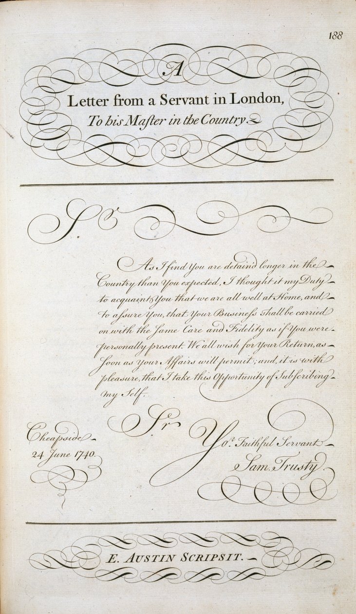 Eksempelbrev fra en mønsterbok med bokstaver, ca. 1740 av English School