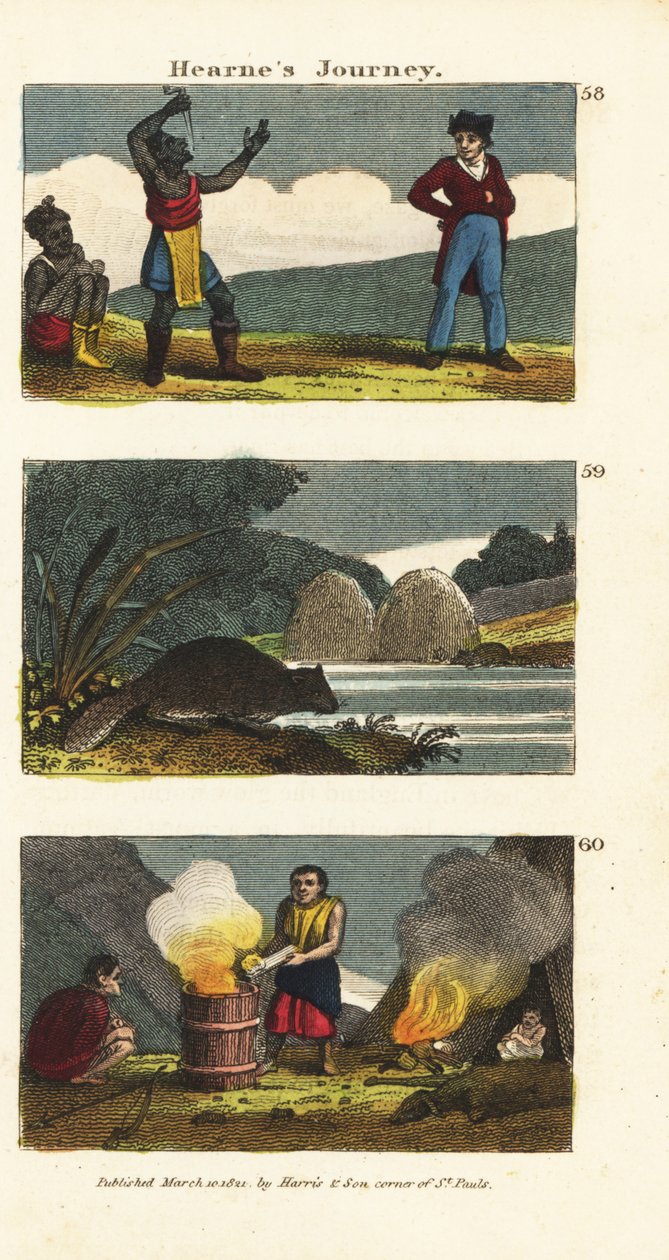 Samuel Hearne ser på en indianer sverdsvelger 58, nordamerikansk bever, Castor canadensis 59 og indianere som koker vann i en tretønne med varme steiner 60 av English School