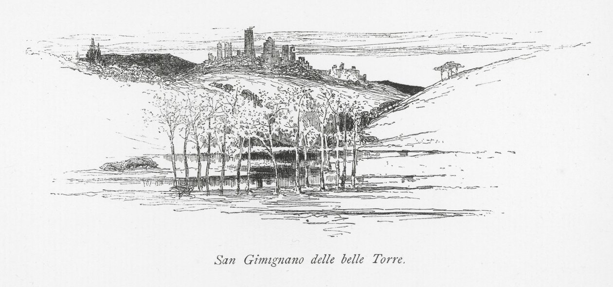 San Gimignano med de vakre tårnene (litografi) av English School