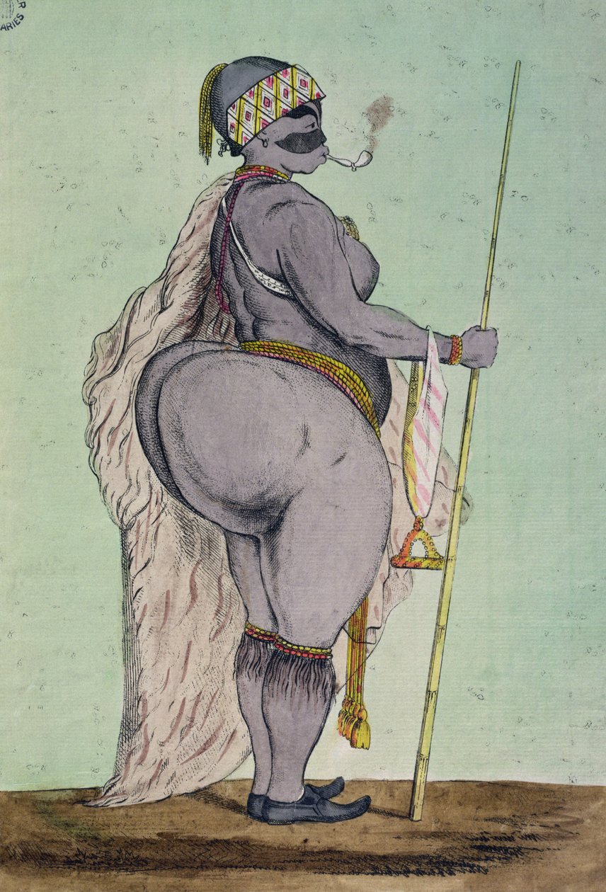 Sartjee, Hottentot Venus, utstiller nå i London, tegnet fra livet, ca. 1810 av English School