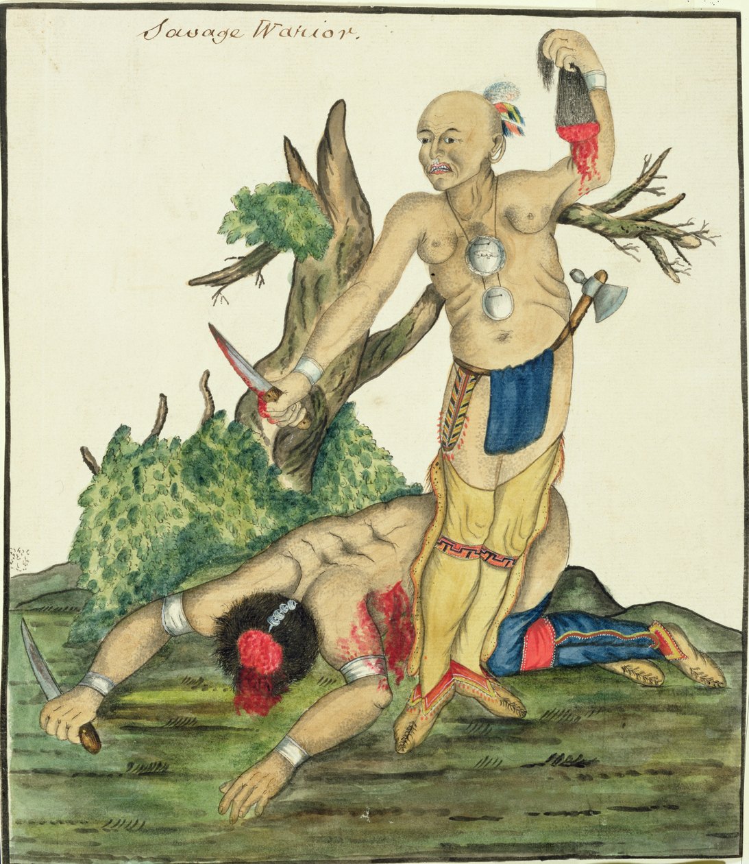 Savage Warrior, ca. 1800 (penn og wc på papir) av English School