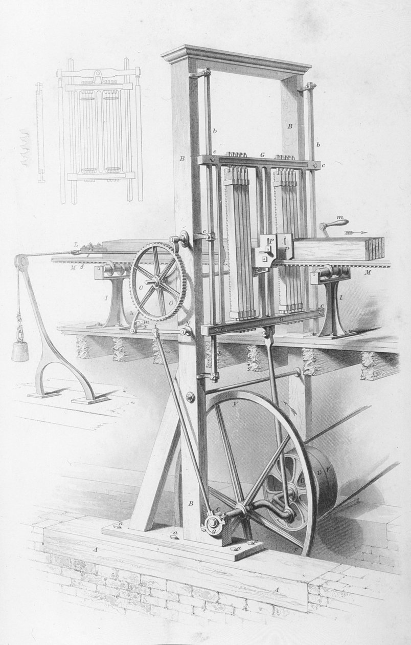 Saw in Saw Mill fra Cyclopaedia of Useful Arts & Manufactures, redigert av Charles Tomlinson, ca. 1880-tallet av English School