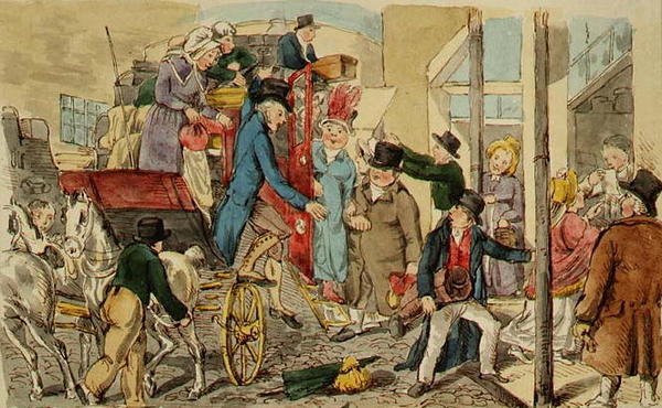 Scene at an Inn Yard, The Arrival of a Coach, ca. 1820 (penn og blekk og akvarell på papir) av English School