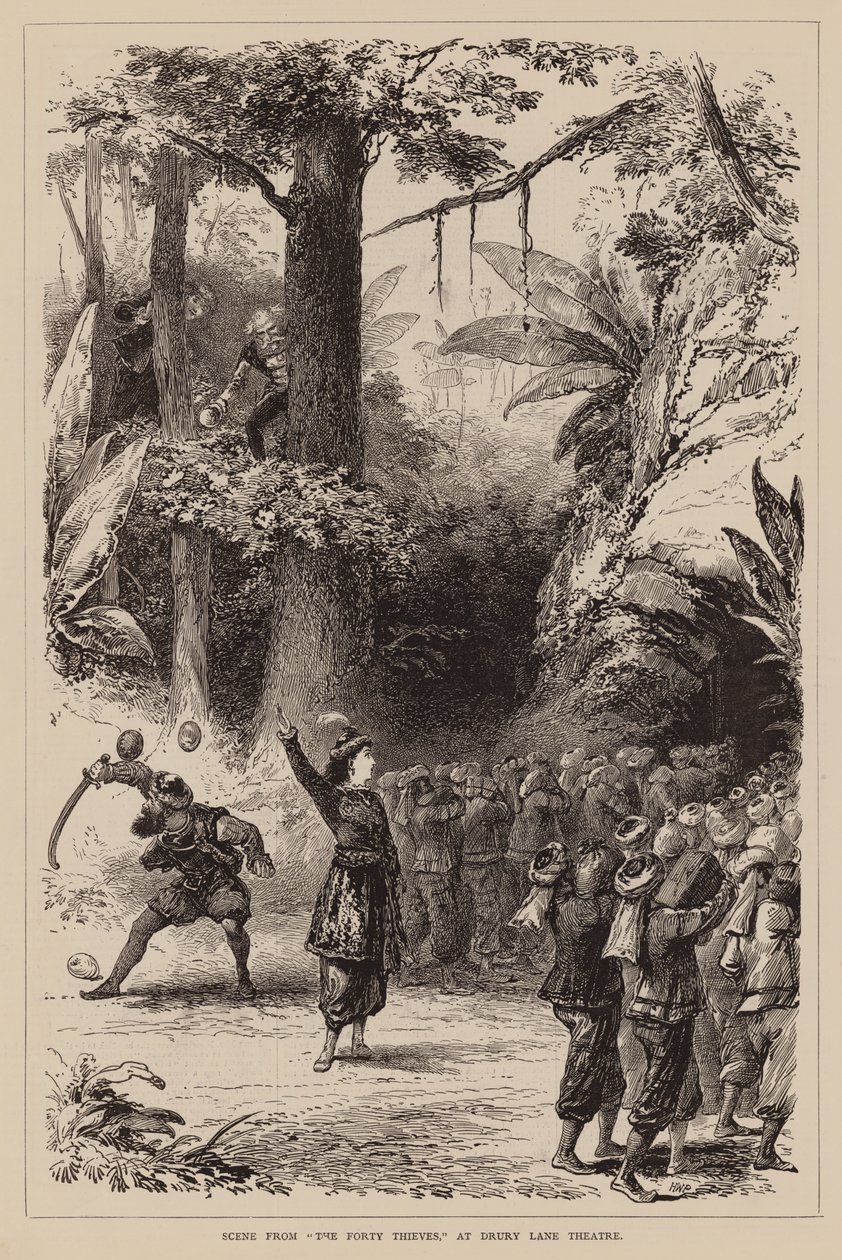 Scene fra «De førti tyvene» på Drury Lane Theatre (gravering) av English School