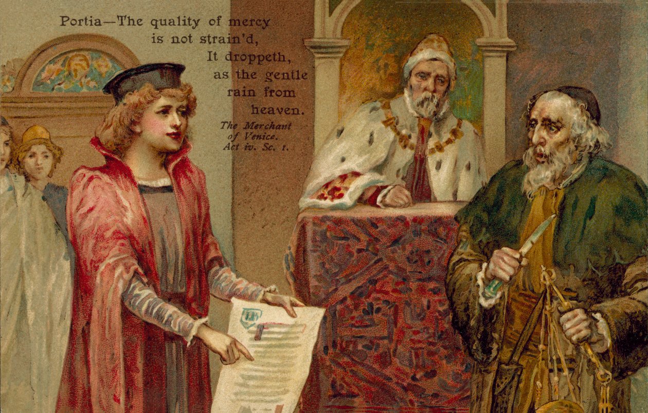 Scene fra Kjøpmannen i Venedig av William Shakespeare (fargelitografi) av English School