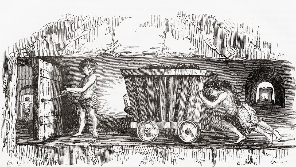 Scene inne i en engelsk kullgruve, tidlig på 1800-tallet (gravering) av English School