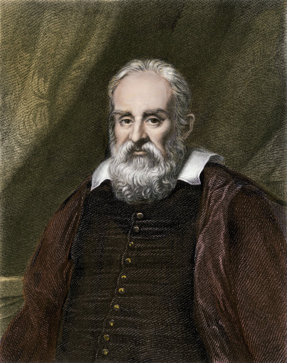Vitenskap og vitenskapsmenn: Portrett av Galileo Galilei dit Galilee, italiensk astronom (1564–1642). Fargegravering. av English School