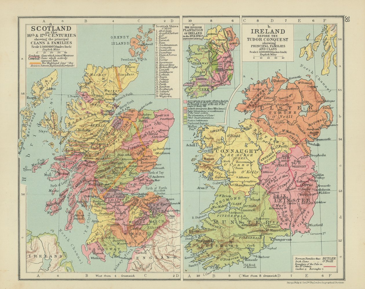 Skottland på 1500- og 1600-tallet som viser de viktigste klanene og familiene (fargelitografi) av English School