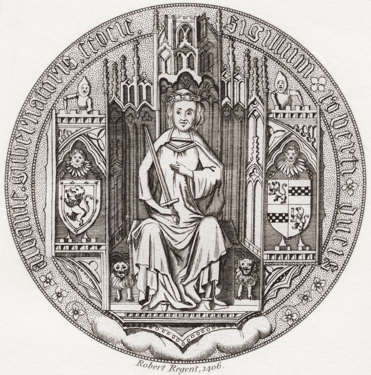 Segl av Robert Stewart, hertug av Albany, ca. 1340 – 1420. Medlem av det skotske kongehuset, regent, guvernør i Skottland, hertug av Albany, jarl av Fife & Menteith. Fra Iconographia Scotica eller Portraits of Illustrious Persons of Scotland, utgitt 17 av English School