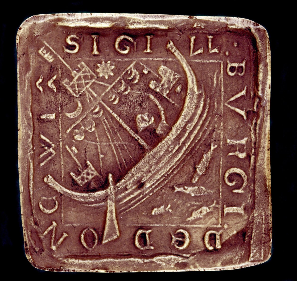 Segl fra byen Dunwich i Suffolk. Et skip er representert i en grov sjø, antakelig hentyder til stormene som ødela en del av byen i 1286 og 1347. 1300-tallet. Paris, Nasjonalarkivet av English School
