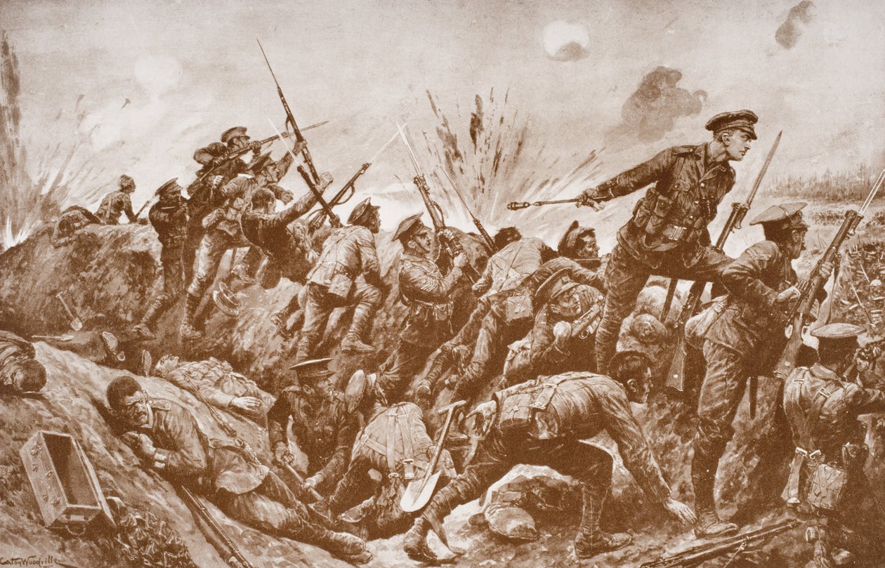 Sekundløytnant G.H. Woolley i forsvaret av Hill 60 med mennene sine av English School