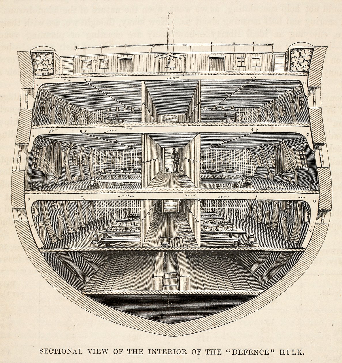 Utsnittsvisning av interiøret i Defense Hulk, illustrasjon fra The Criminal Prisons of London og Scenes from Prison Life av Henry Mayhew og John Binny, pub. 1862 av English School