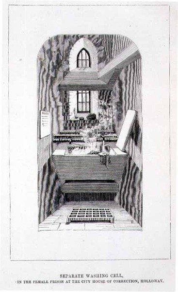 Separat vaskecelle i kvinnefengselet i City House of Correction, Holloway, fra "The Criminal Prisons of London and Scenes of Prison Life" av English School