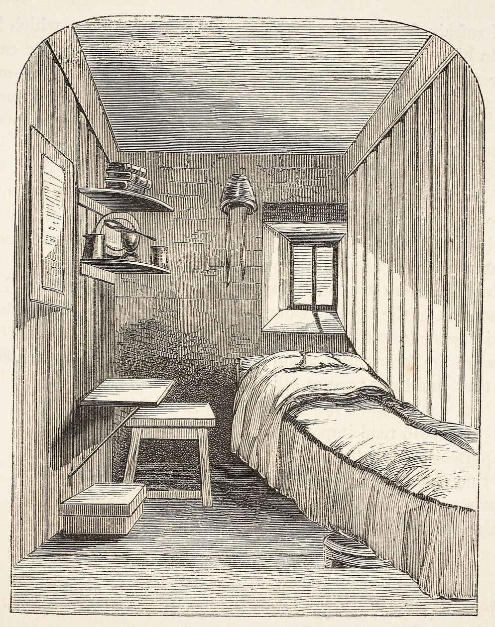 Separat sovecelle i en av de nye fløyene til Female Convict Prison i Brixton, illustrasjon fra The Criminal Prisons of London og Scenes from Prison Life av Henry Mayhew og John Binny, pub av English School