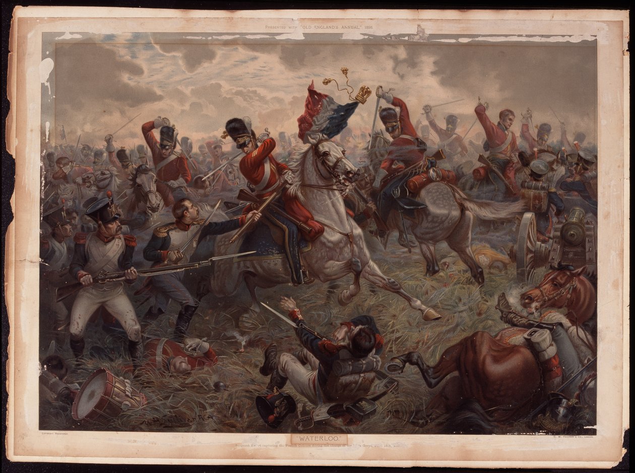 Sersjant Evert fanget de franske fargene under anklagen mot Scots Greys i slaget ved Waterloo, 18. juni 1815, ca. 1908 av English School