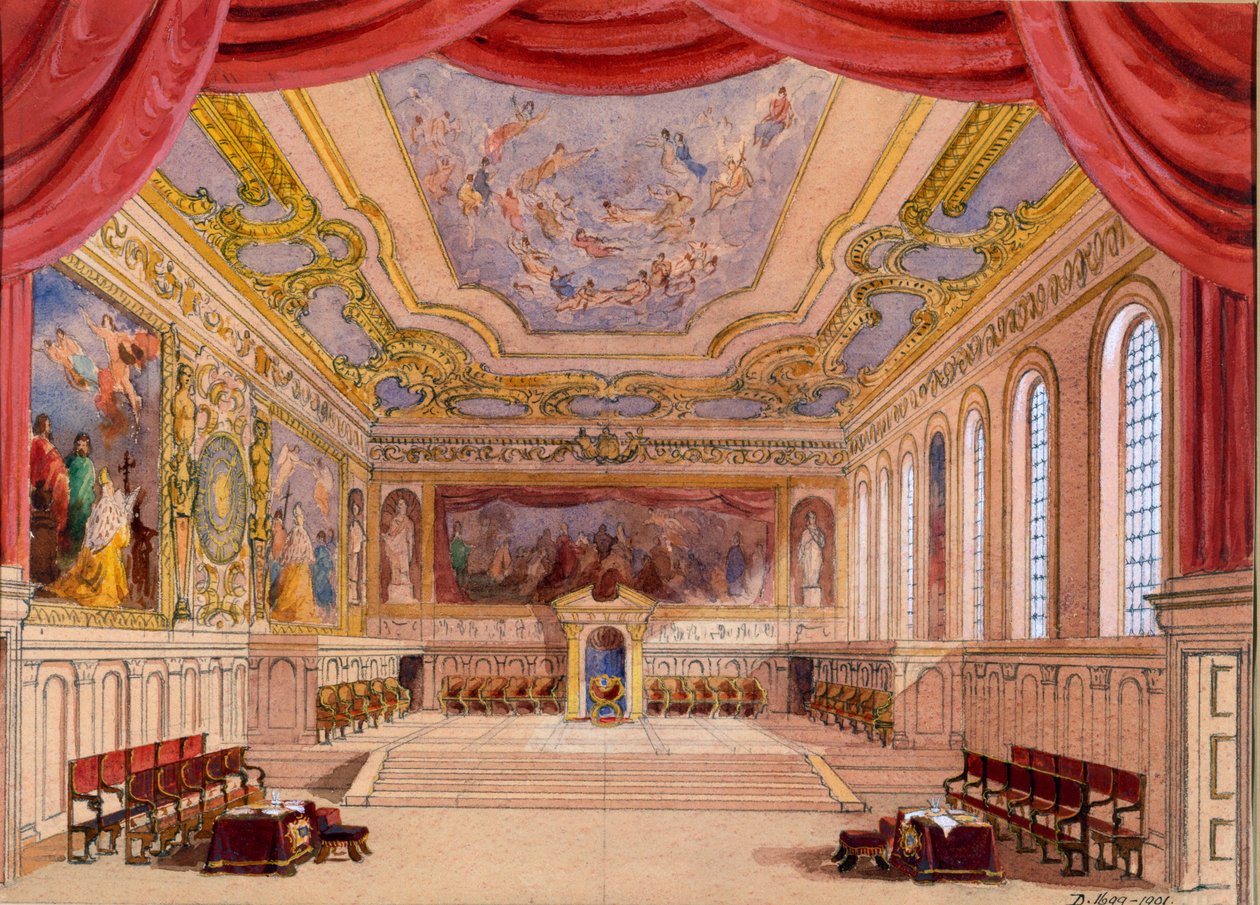 Scenografi for The Merchant of Venice av William Shakespeare, 1858 (wc på papir) av English School