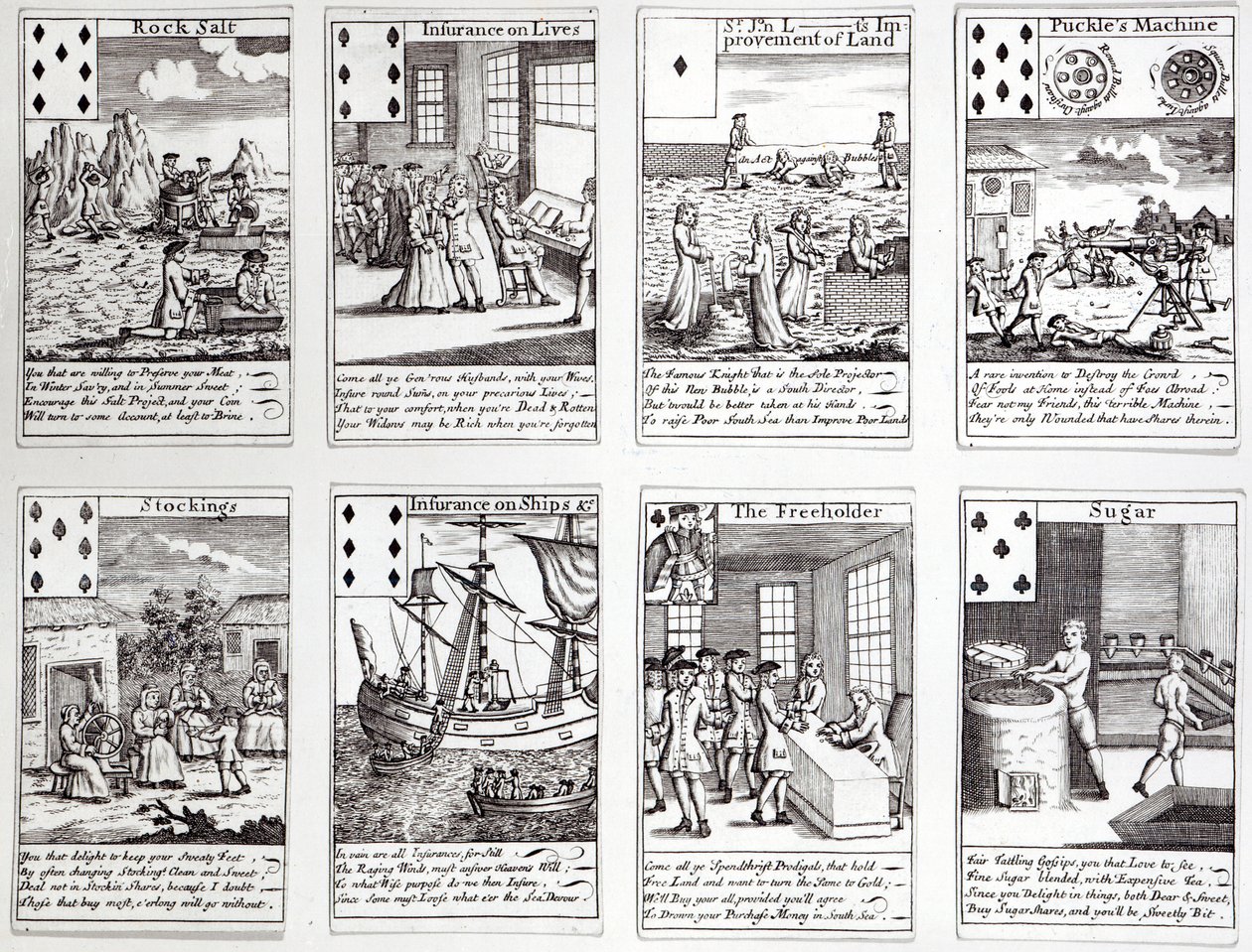 Sett med spillekort som viser satiriske scener av nåværende kommersielle satsinger og investeringer, ca. 1720 av English School