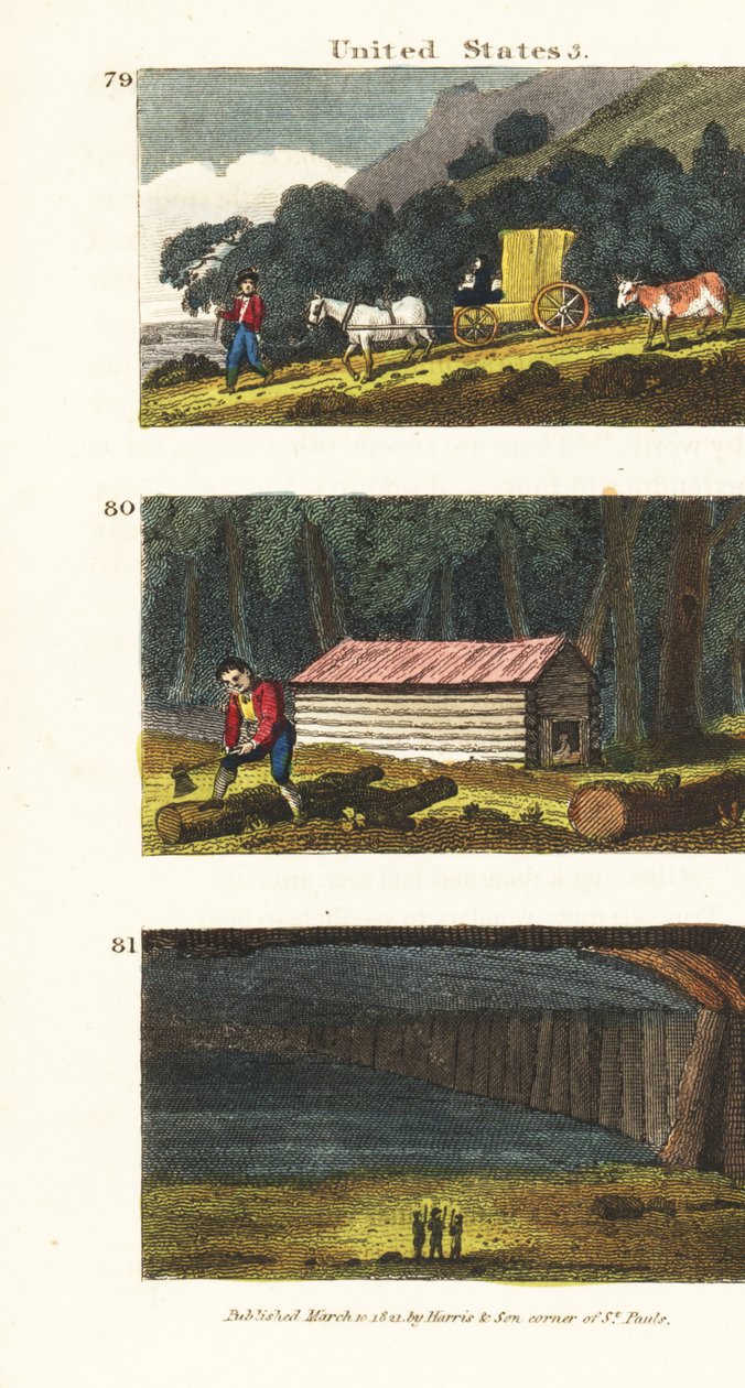 Nybyggere i en vogn som reiser til de vestlige statene 79, nybyggere som bygger en tømmerhytte 80, og utsikt over Mammoth Cave i Kentucky 81 av English School