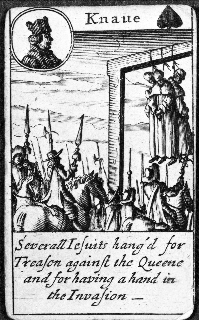 Flere jesuitter hengt for Treason, Spades fra en pakke med spillekort (gravering) av English School