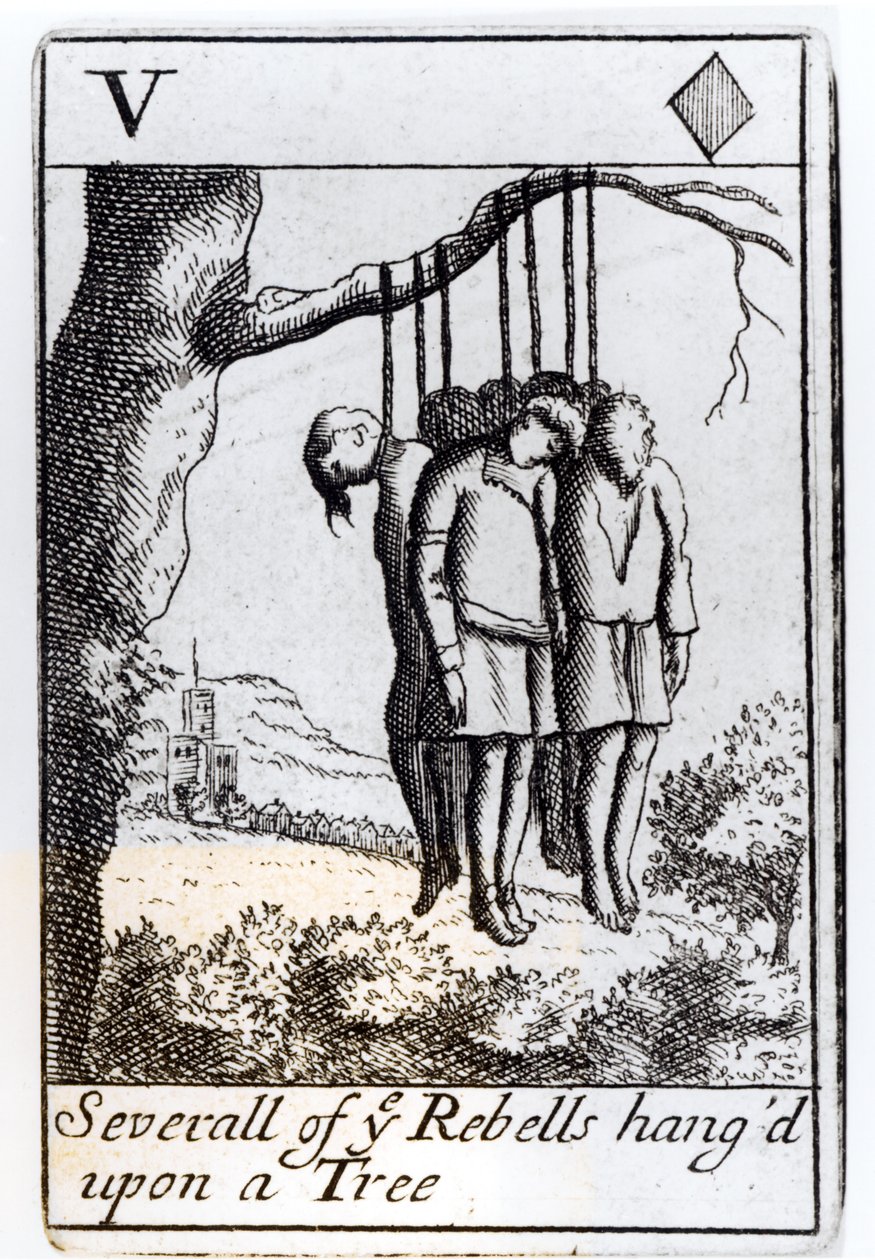 Flere opprørere hengt fra et tre, fem hjerter som spiller kort fra et sett til minne om Monmouths opprør i 1685 av English School