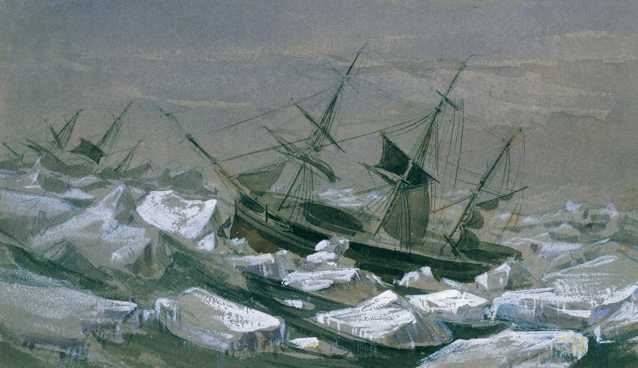 Forsendelse av James Clark Ross med skipene 'Erebus' og 'Terror' på jakt etter den magnetiske sørpolen (olje på lerret) av English School