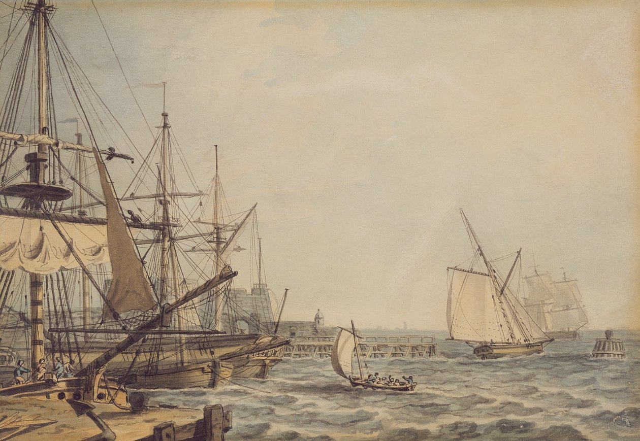 Skipsfart utenfor munningen av elven Hull, tidlig på 1800-tallet (blyant, penn, blekk og akvarell på papir) av English School