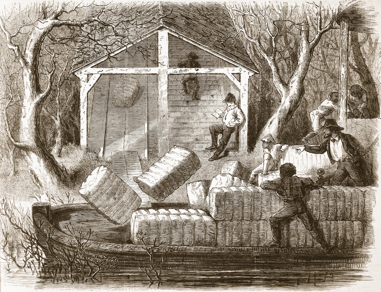 Skyting av bomullsballer inn i den fremre delen av elvedamperen Magnolia, illustrasjon fra The Illustrated London News, 1861 av English School