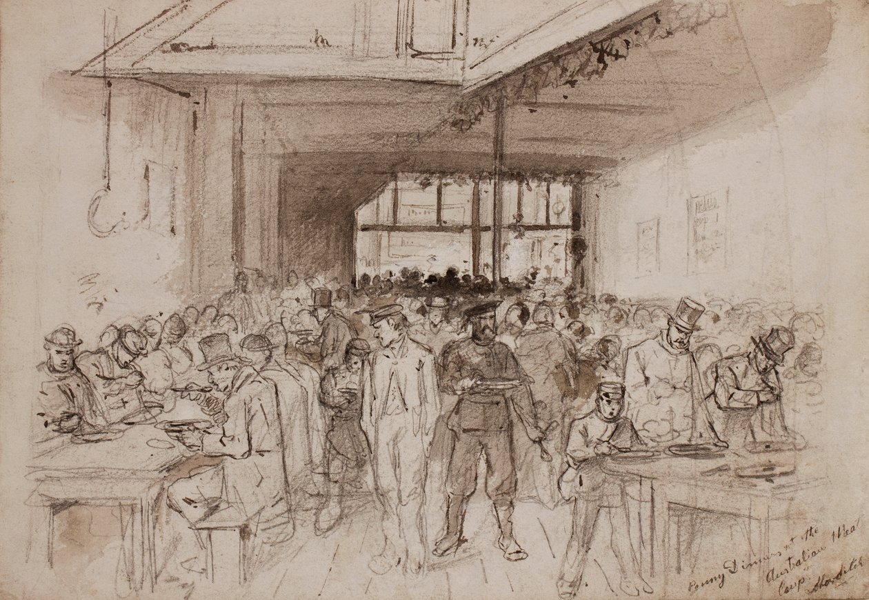 ?Shoreditch, Penny-middag på Australian Meat Company, ca. 1860 (blyant, blekk og vask på papir) av English School