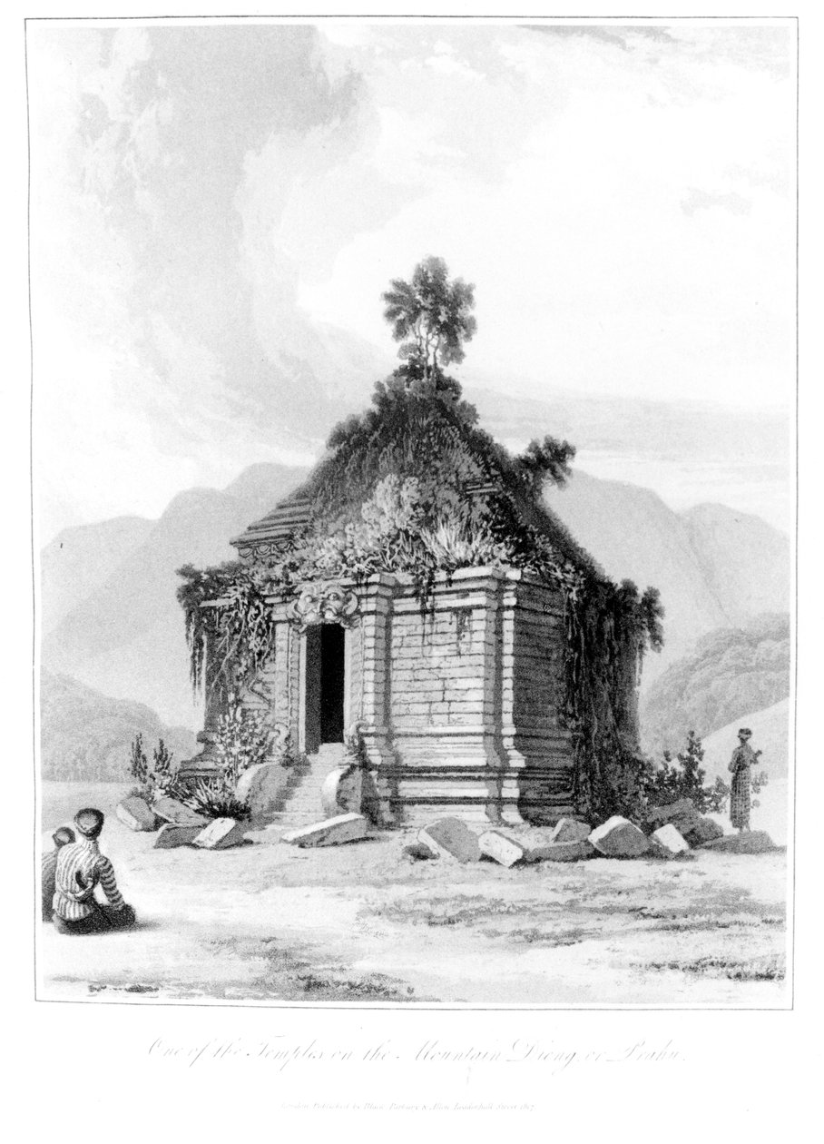 Helligdom på fjellet Dieng eller Prahu i sentrale Java, fra History of Java, bind 2, utgitt 1817 av English School