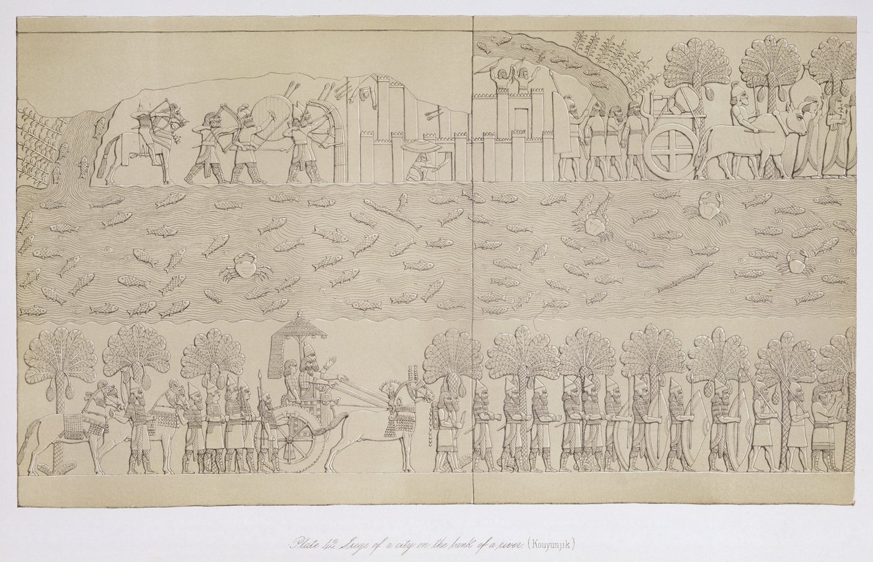 Beleiring av en by ved bredden av en elv, plate 42 fra Nineveh and its Remains av Austen Henry Layard (1817-94) publisert 1849 av English School