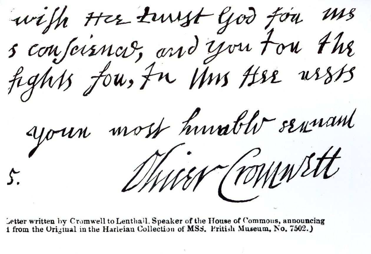 Signatur av Oliver Cromwell (1599-1658), fra et håndskrevet brev til Lenthall, Speaker of the House of Commons (penn og blekk på papir) av English School