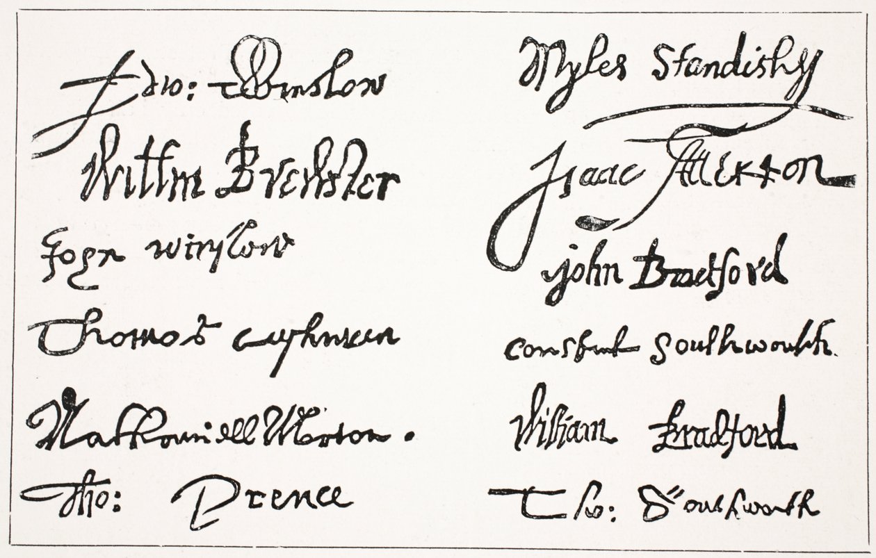 Signaturer til pilgrimsfedrene, illustrasjon fra Hutchinsons Story of the British Nation, ca. 1923 av English School