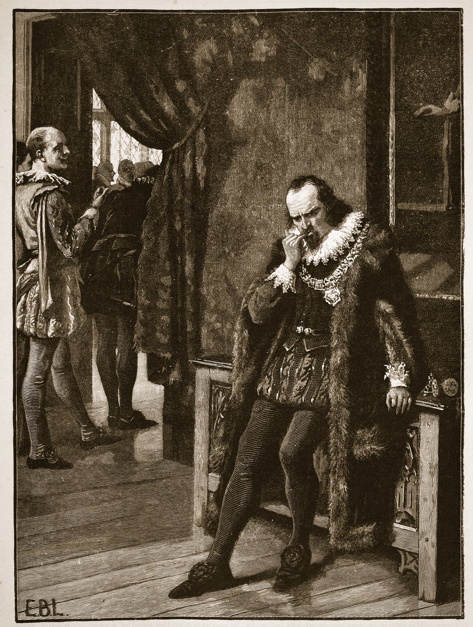 Sir Francis Bacon venter på et publikum av Buckingham, illustrasjon fra Cassells Illustrated History of England (sepiafoto) av English School