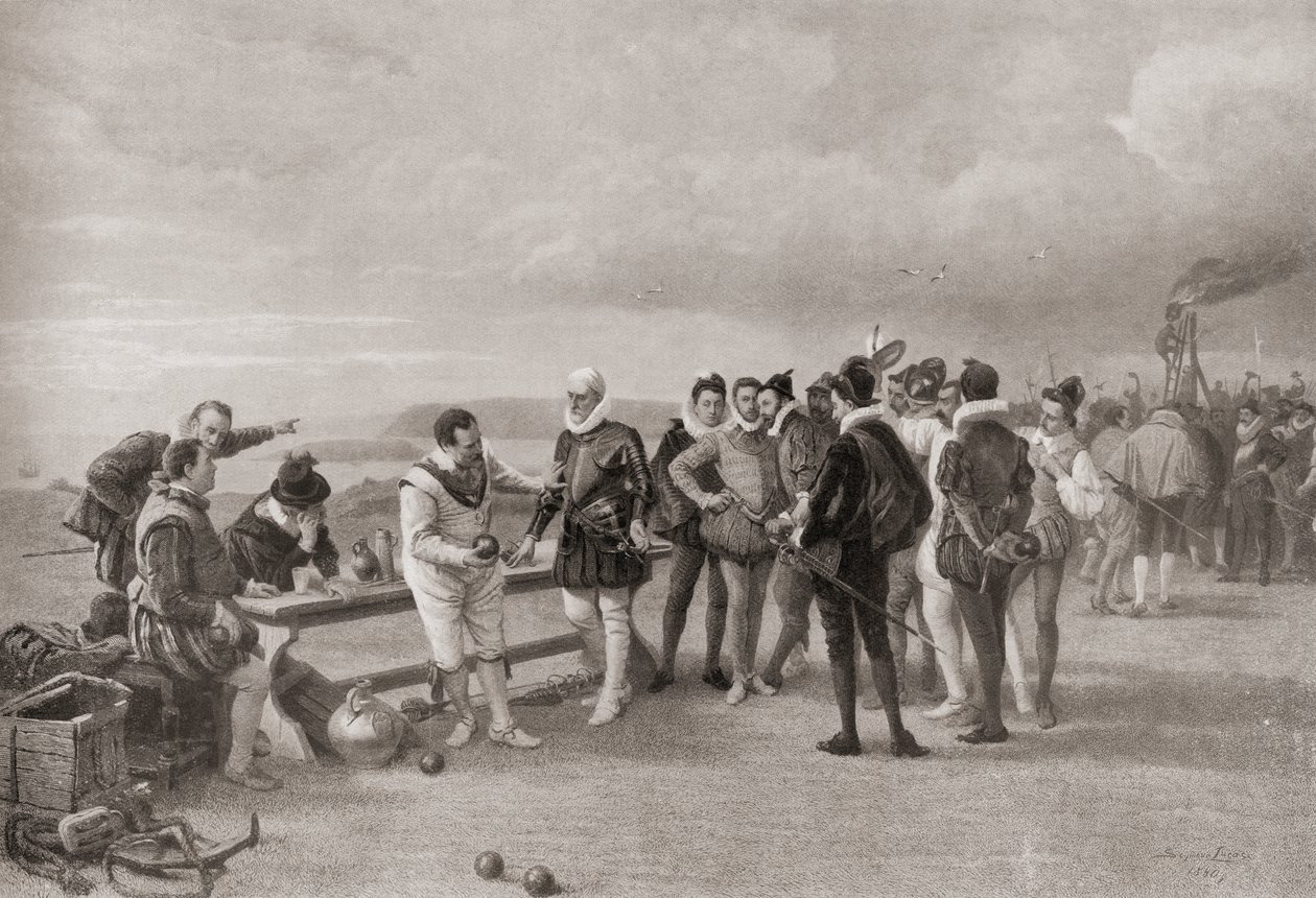 Sir Francis Drake spiller bowls, med den spanske armadaen i sikte ved Plymouth Hoe, England i 1588. av English School