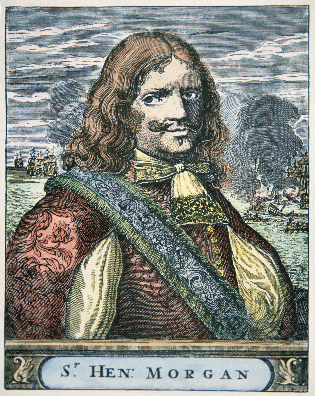Sir Henry Morgan (ca. 1635-88) (farget gravering) av English School