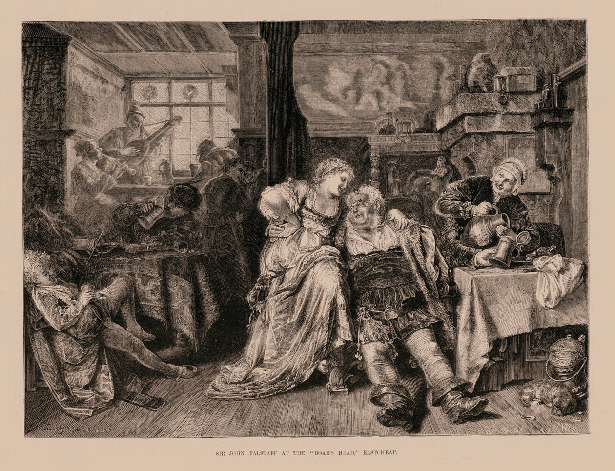Sir John Falstaff ved «Villsvinhodet», Eastcheap (gravering) av English School