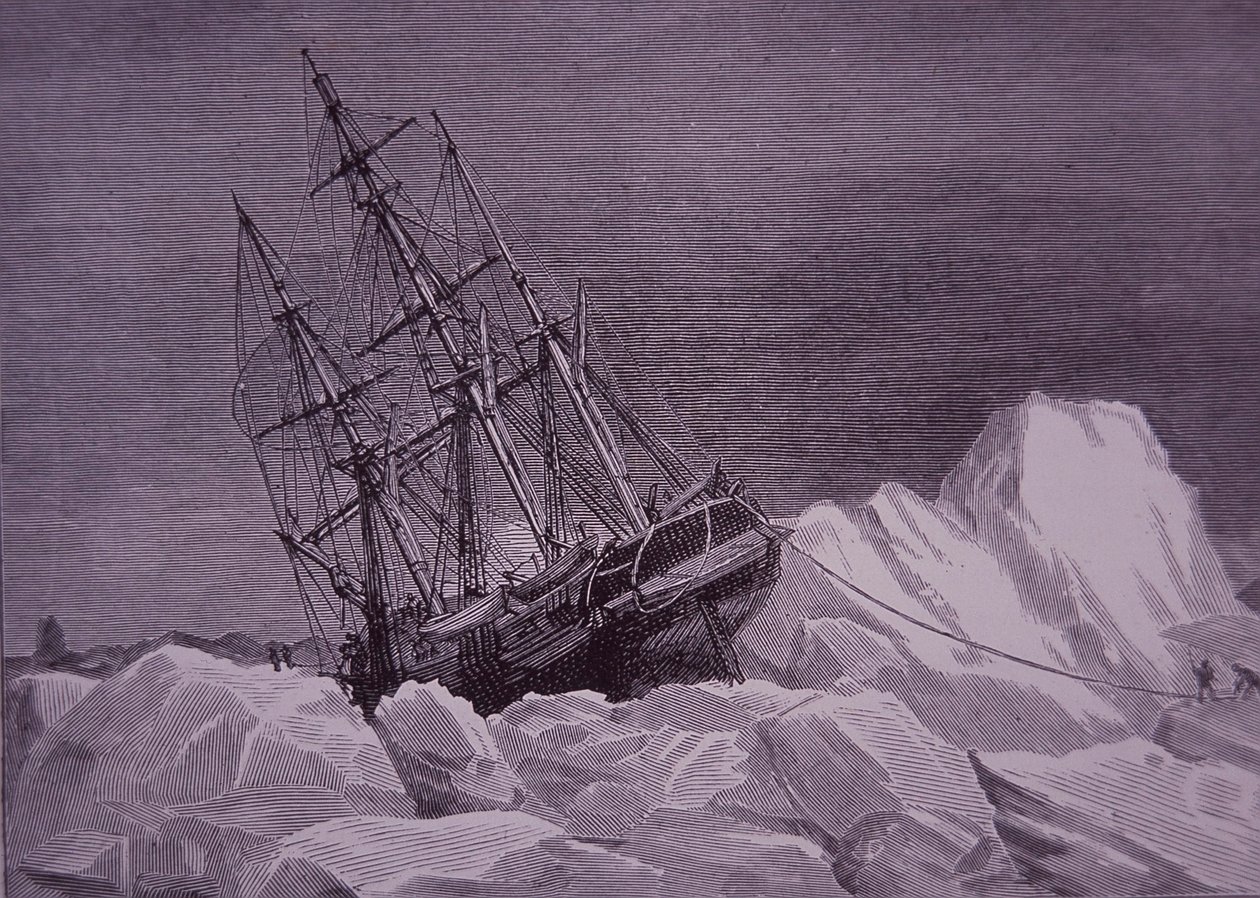 Sir John Franklin, ekspedisjon fra 1845 for å finne Nordvestpassasjen, skip Terror fast i is, sent på 1800-tallet (gravering) av English School