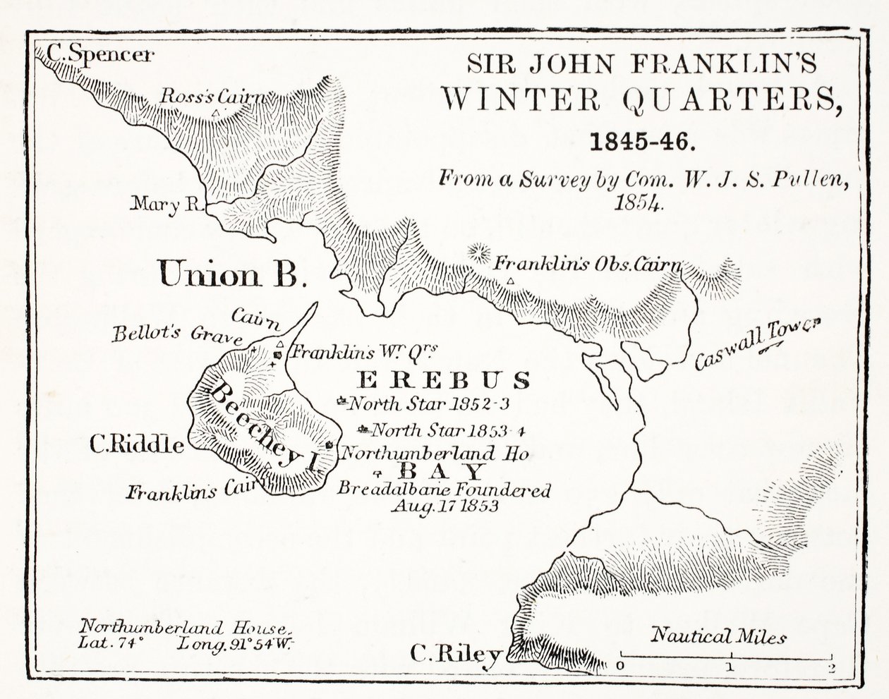 Sir John Franklins Winter Quarters, 1845-1846 fra en undersøkelse av Com. W.J.S. Pullen 1854, pub. 1854 av English School