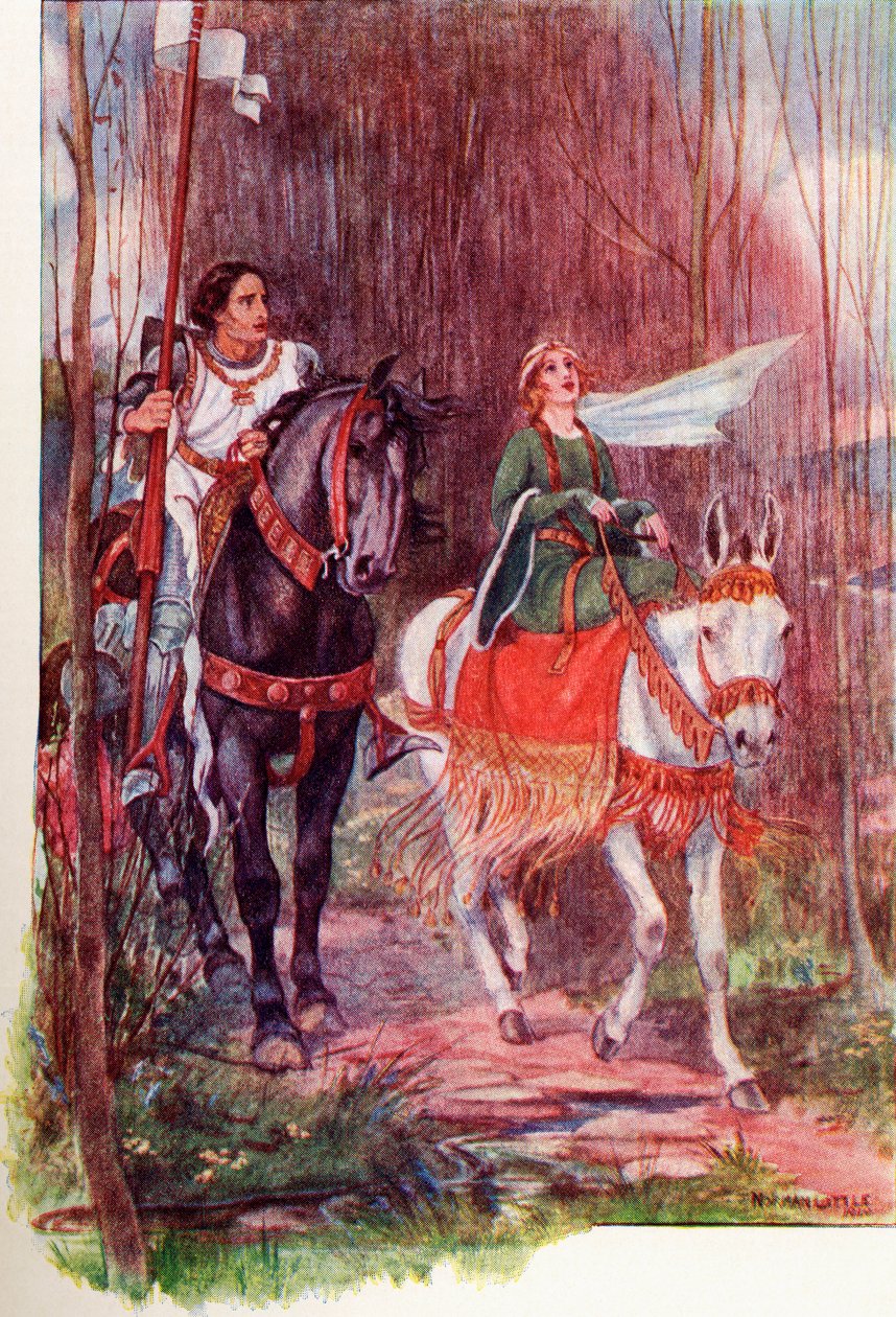 Sir Lancelot og dronning Guinevere. Farget illustrasjon fra boken The Gateway to Tennyson utgitt 1910. av English School