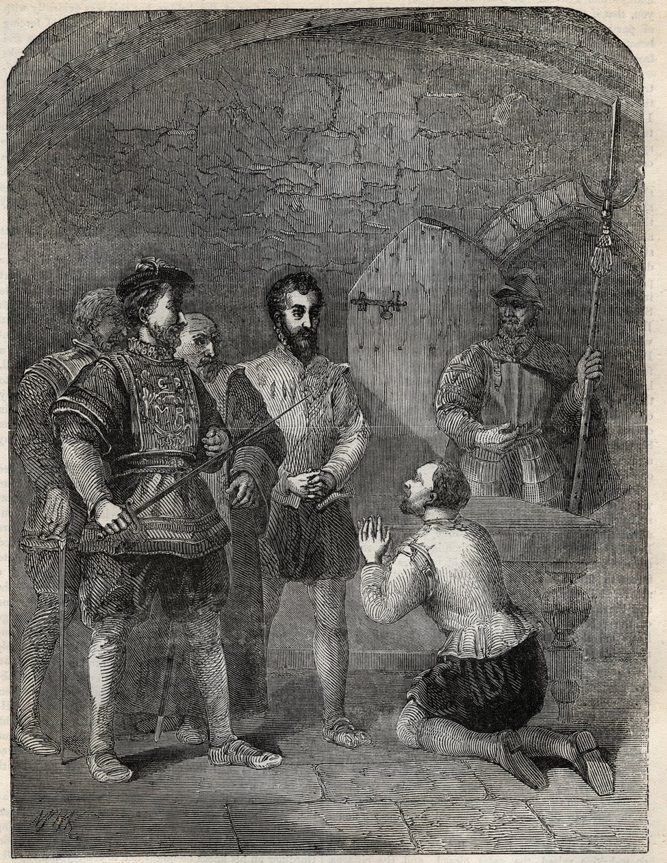 Sir Thomas Wyatt The Younger (1521-1554) on his way to execution, solemnly exonerating the Princess Elizabeth and Courtenay from participation in his Rebellion - 1554 - engraving from “” History of England”” by Cassell Petter & Galpin av English School