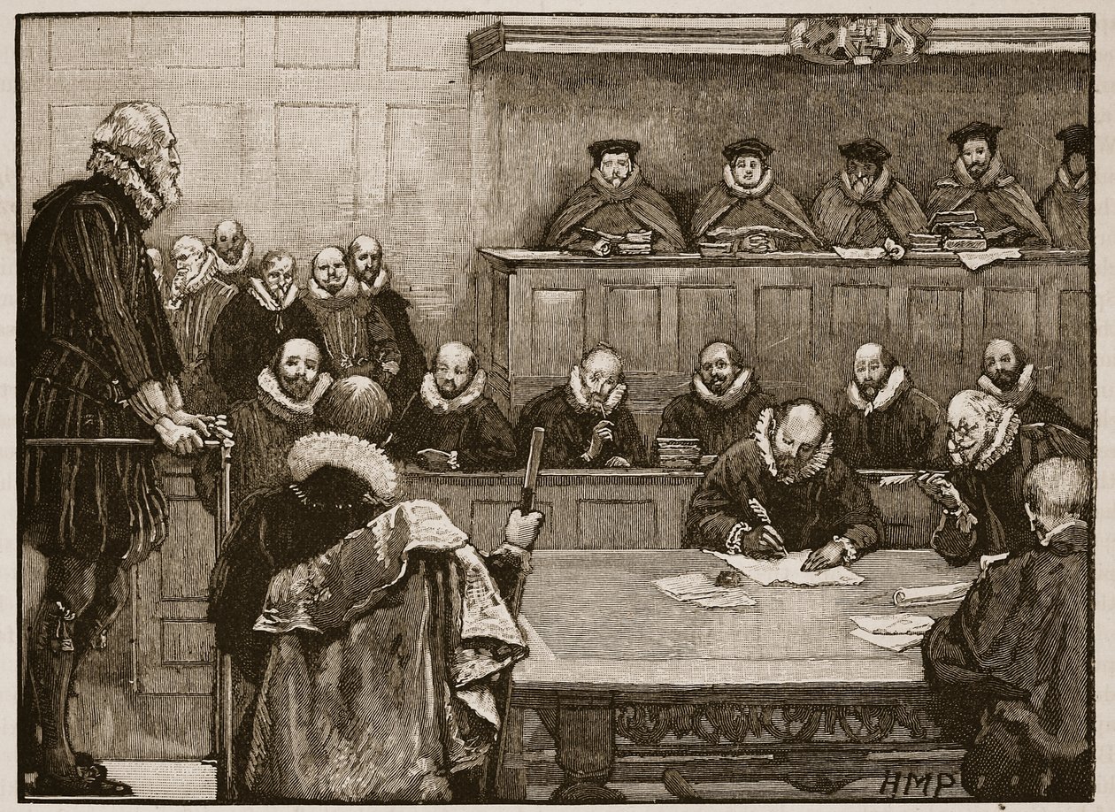 Sir Walter Raleigh før dommerne, illustrasjon fra Cassells Illustrated History of England (sepiafoto) av English School