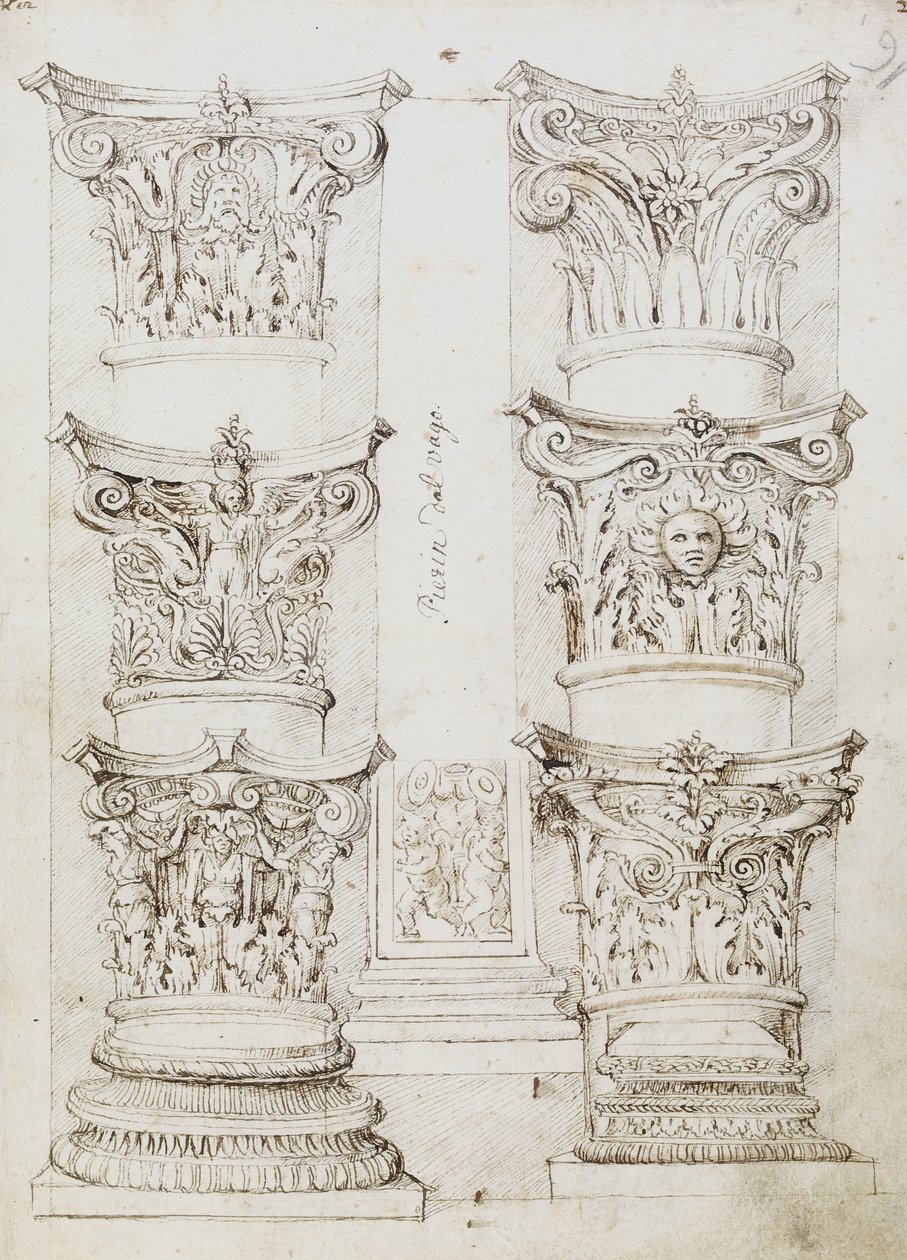 Six Capitals, a Lesene and Two Column Bases, Folio 1, The Master of the Oxford Album, ca. 1512-17 (penn og mørkebrunt blekk) av English School