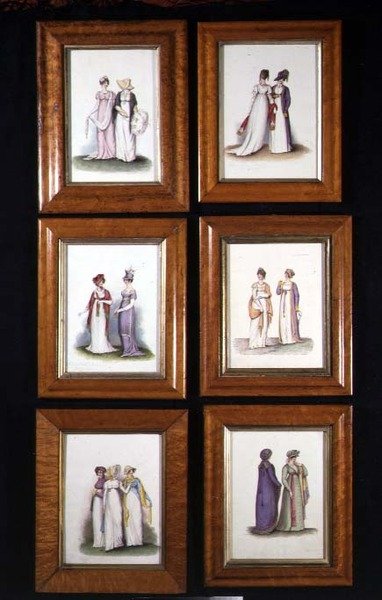Seks miniatyrer som viser damemote fra slutten av 1700- og tidlig 1800-tall, ca. 1825 (akvarell på papir) av English School