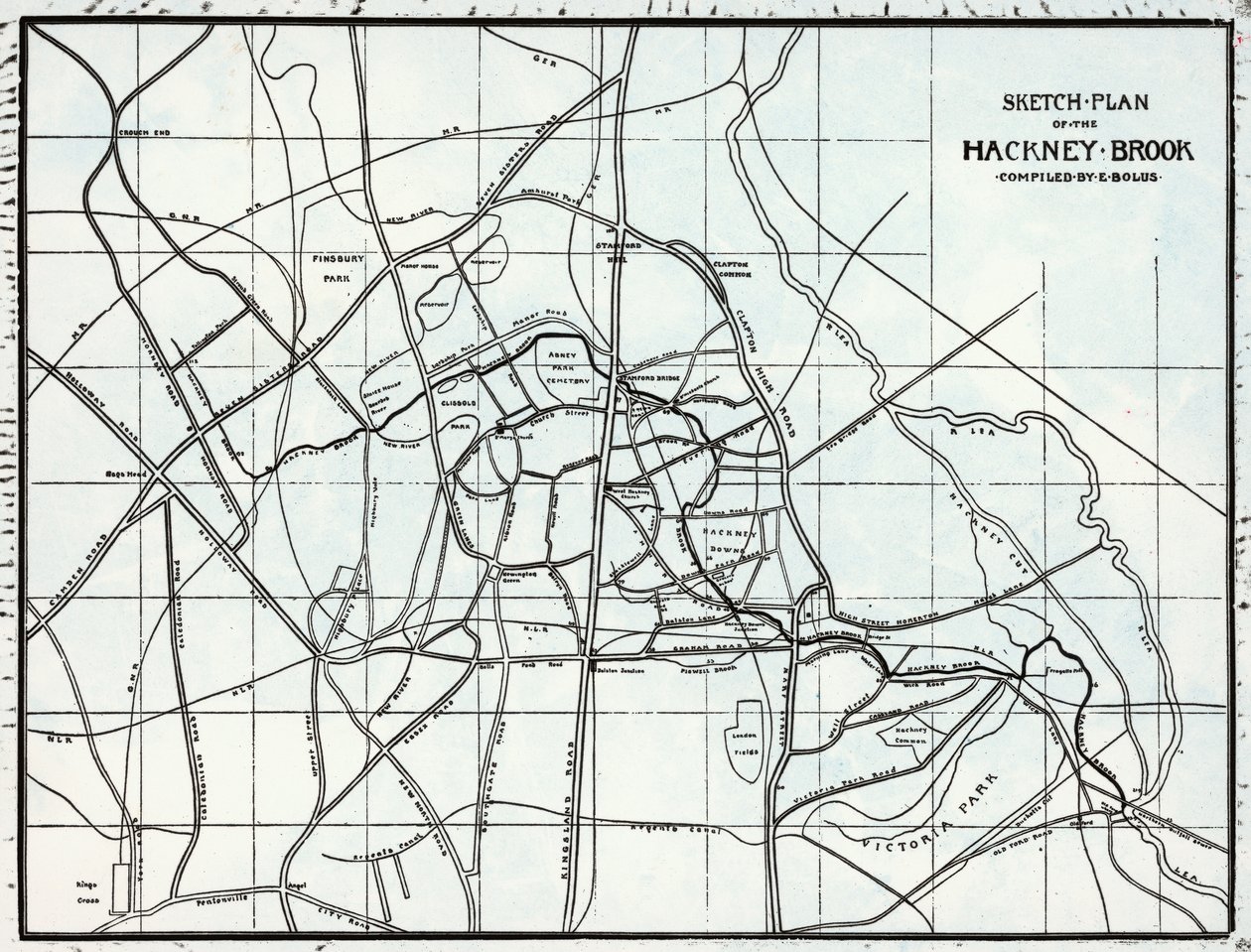 Sketch Plan of the Hackney Brook, kompilert av E. Bolus av English School