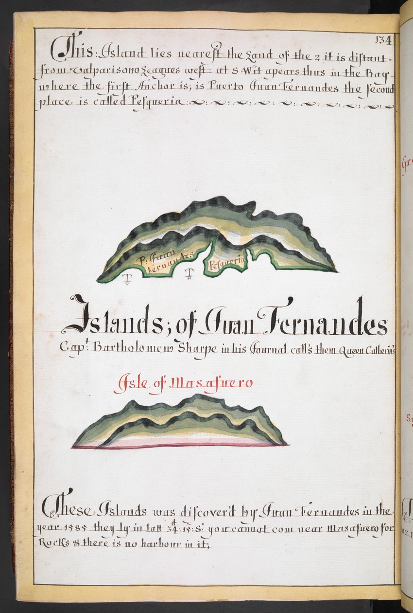 Sloane MS 44, f.269v, Kart over Juan Fernández i William Hacks South Sea Wagoner av English School