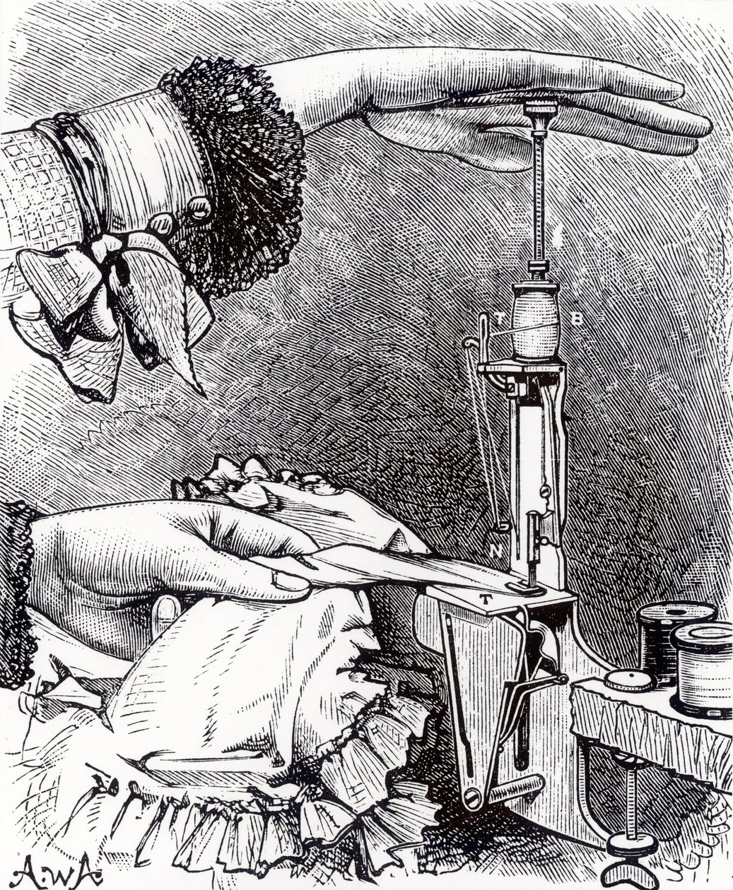 Liten låsesøm symaskin, åtte tommer lang, veier 8 gram, fra Cassells Family Magazine, utgitt 1886 av English School