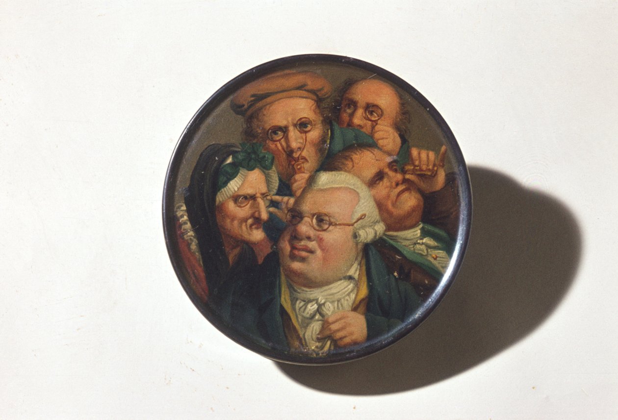 Snusboks, håndmalt med en scene av forskjellige typer briller, tidlig på 1800-tallet (papir mache) av English School